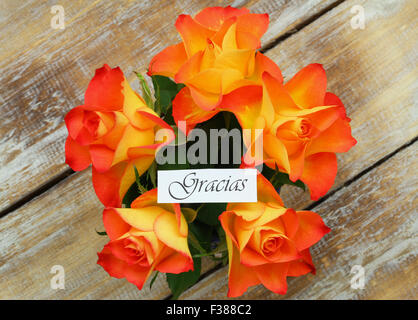 Gracias (d.h. danke auf Spanisch) Karte mit orange Rosen Stockfoto