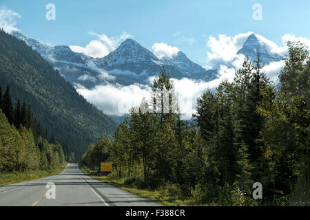 Gelbes Schild mit Lawinenwarnung im Glacier National Park, Trans Canada Highway, Columbia Shuswap, British Columbia, Kanada. Stockfoto