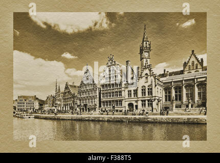 Blick von der Korenlei über den Fluss Lys auf die historischen Häuser der Graslei, Gent, Belgien, Europa Stockfoto