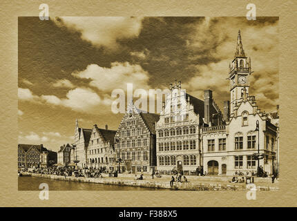 Blick von der Korenlei über den Fluss Lys auf die historischen Häuser der Graslei, Gent, Belgien, Europa Stockfoto