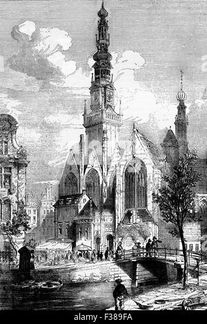 Der Oude Kerk ("alte Kirche") ist Amsterdams ältestes Gebäude und älteste Pfarrkirche. Im Jahre 1306 durch den Bischof von Utrecht mit Nikolaus als Schutzpatron geweiht, wurde es eine reformierte Kirche nach der Reformation im Jahre 1578. Stockfoto