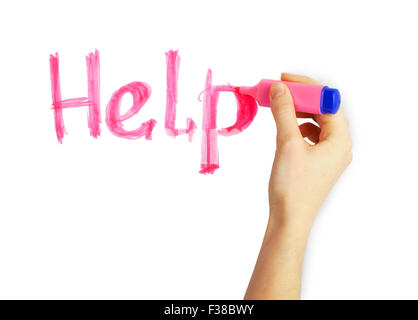 Weibliche Hand Schreiben des Wortes "Help" mit rosa Marker auf einem weißen Hintergrund Stockfoto