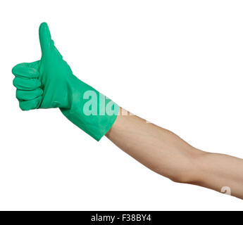 Hand in grüne Gummihandschuh zeigen, Daumen nach oben isoliert auf weißem Hintergrund Stockfoto