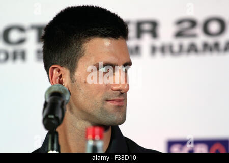 Bangkok Thailand. 1. Oktober 2015. Tennisspieler Novak Djokovic im Rahmen einer Pressekonferenz. Djokovic wird voraussichtlich am 2. Oktober für eine Ausstellung-Tennis-Match in Bangkok gegen Nadal spielen. Bildnachweis: John Vincent/Alamy Live-Nachrichten Stockfoto