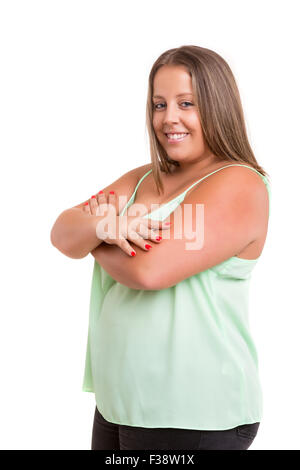 Happy übergewichtet Frau posiert auf weißem Hintergrund Stockfoto