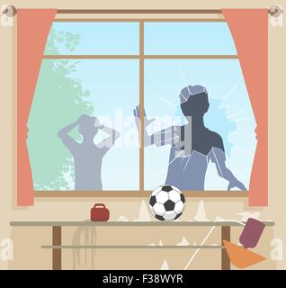 EPS8 bearbeitbares Vektor-Illustration von jungen brechen ein Fenster mit einem Fußball Stock Vektor