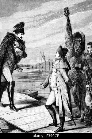 Napoleon i. von Frankreich und Zar Alexander i. von Russland-treffen zu den ersten Vertrag von Tilsit am 7. Juli 1807 auf einem Floß mitten im Fluss Neman in Kaliningrad Oblast, Russland unterzeichnen. Stockfoto