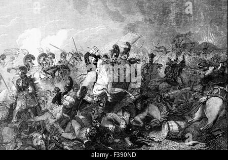 Die Ladung des Lord Somerset schwere Brigade während der Schlacht von Waterloo, die Niederlage der französischen Armee unter Napoleon Bonaparte auf Sonntag, 18. Juni 1815 geführt. Stockfoto