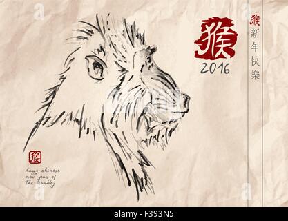 2016 Happy Chinese New Year der Affe Hand gezeichnet Affe im traditionellen Stil auf strukturiertem Papier. EPS10 Vektor. Stock Vektor