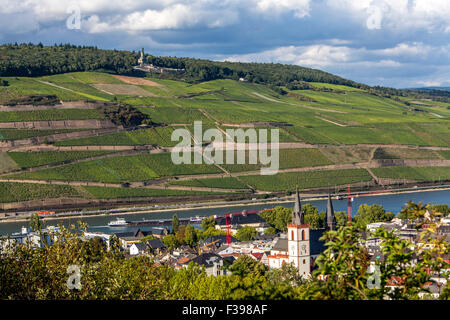 Niederwald Denkmal, Statue der Germania, mit Blick auf das Rheintal, Rüdesheim, Deutschland, Stockfoto