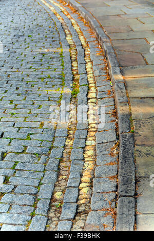 Kopfsteinpflaster gemalt gelb bis gelbe Doppellinien für "Parkverbot" auf dieser Straße zu schaffen. Stockfoto