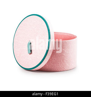 Rosa Runde Geschenk Büchse geöffnet. Urlaub vorhanden. Objekt isoliert auf weißem Hintergrund. Clipping-Pfad Stockfoto