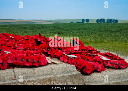 Denkmal Kränze niedergelegt auf dem Lochnagar Grube Krater Denkmal bei La Boiselle France, markiert den Beginn der Schlacht an der Somme. Stockfoto