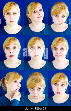 mehrere Gesichter der lustige blonde Frau auf blauem Hintergrund Stockfoto