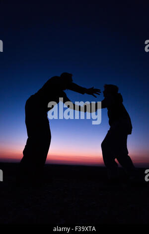 Förderung und Erziehung Konzept Foto von Vater und Sohn in der Silhouette, die Hand in Hand, den Sonnenuntergang beobachten Stockfoto