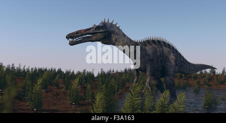 Suchomimus Dinosaurier in einer prähistorischen Umgebung. Stockfoto