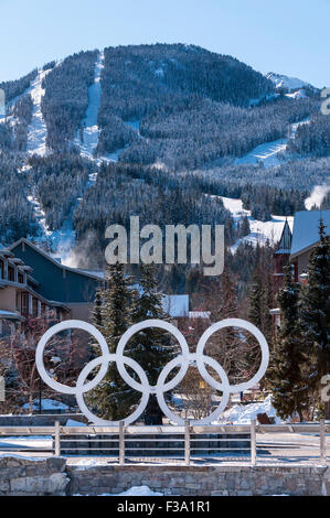 Olympische Ringe, Whistler Olympic Plaza, Whistler Village, Whistler Blackcomb Ski Resort, Whistler, Britisch-Kolumbien, Kanada. Stockfoto