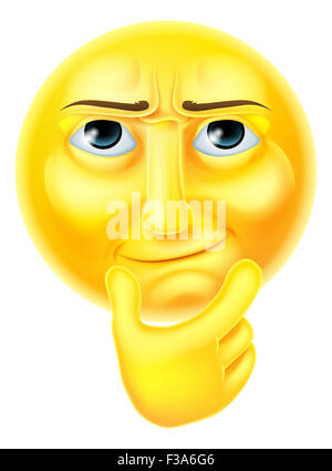 Ein denken Emoji Emoticon Smiley Gesicht Charakter suchen Interessierte mit Hand am Kinn Stockfoto