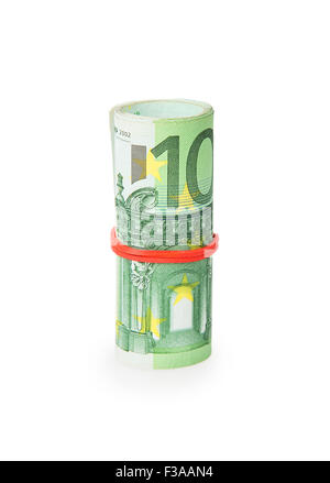 Bank Roll von Euro-scheinen isoliert auf weißem Hintergrund Stockfoto