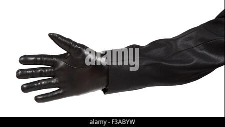 Hand in schwarzem Leder-Handschuh und schwarzen Anzug isoliert auf weißem Hintergrund Stockfoto
