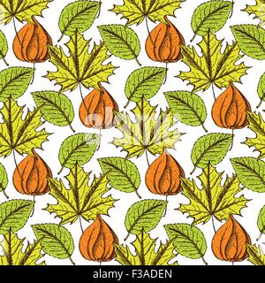 Skizze Physalis und Blätter im Vintage-Stil, Vektor nahtlose Muster Stock Vektor