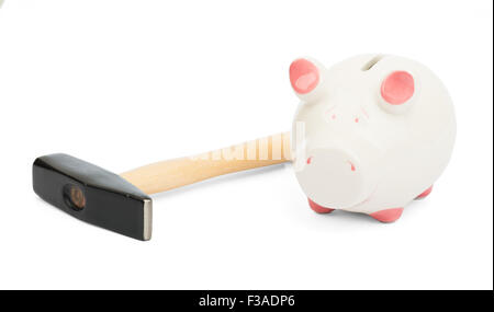 Sparschwein mit Hammer, Nahaufnahme Stockfoto