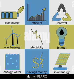 Öko-Energie-Icon-Set. Ökologie-Erneuerung, Logo Biokraftstoff, Produktivität und Effizienz, Geld und Elektro-, Wasser und solar el Taste Stockfoto