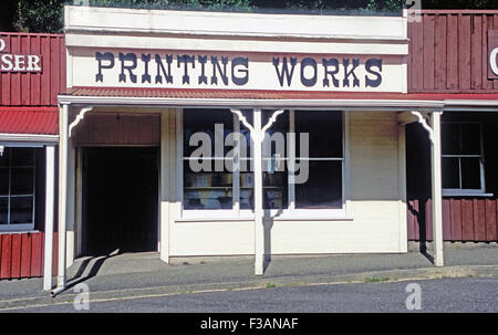 Vorstadt, Altstadt Gold Mining, Replik, Druckerei, West Coast, Südinsel, Neuseeland, Stockfoto