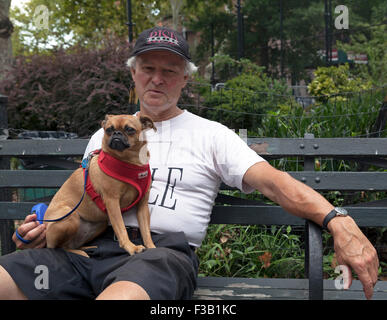 Ein Hund sitzt auf dem Schoß seines Besitzers in einem Park in Brooklyn, New York, USA. Stockfoto