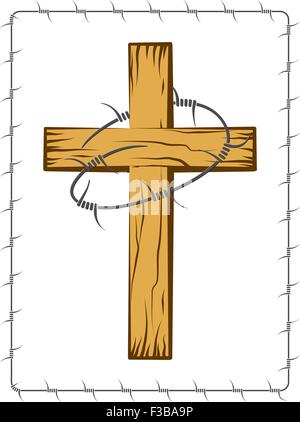 Christian-Holzkreuz mit Stacheldraht Vektorgrafiken Stock Vektor