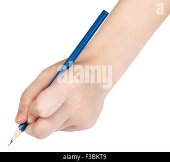 Hand von blauen Stift isoliert auf weißem Hintergrund schreibt Stockfoto