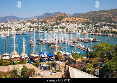 Vogelperspektive Blick auf Bodrum Hafen und Marina, Ägäis Türkei Stockfoto