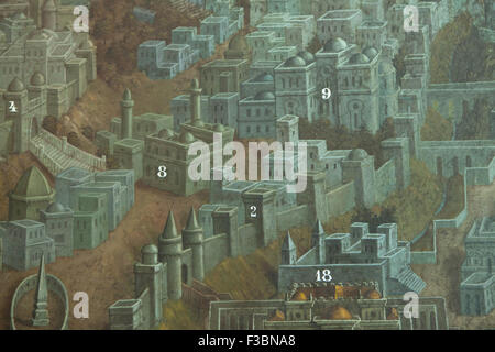 Palast von König Herodes dem großen, das Haus von Annas und das Praetorium in Jerusalem dargestellt im Wandbild des tschechischen Künstlers Jan Rehor (1900) in der Vorhalle der Kirche der Heiligen Familie in Ceske Budejovice, Südböhmen, Tschechien. Mauern und Türme des Zion-Festung (4), Haus von Annas (8), Mount Zion (2), Palast von König Herodes der große (9) und Praetorium (18) im Detail des Bildes dargestellt werden. Das Wandbild wurde gezogen, nachdem die Gravur des französischen Künstlers Adolphe Elzzner 1852 gedruckt. Stockfoto