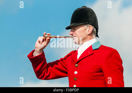 Rostrevor, Nordirland. 4. Oktober 2015 - Huntsman Declan Keenan bläst sein Horn um eine Fuchsjagd Kredit zu starten: Stephen Barnes/Alamy Live News Stockfoto