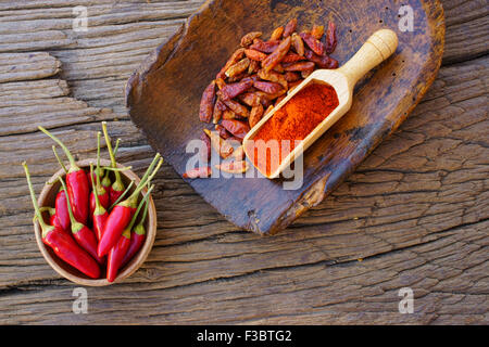 Chili Paprika, frische Schoten getrocknet und gemahlen in einer Holzschale und auf eine alte Gewürz Kugel auf einem rustikalen Holztisch Stockfoto