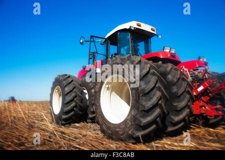 Roter Traktor im Feld an einem sonnigen Tag Stockfoto