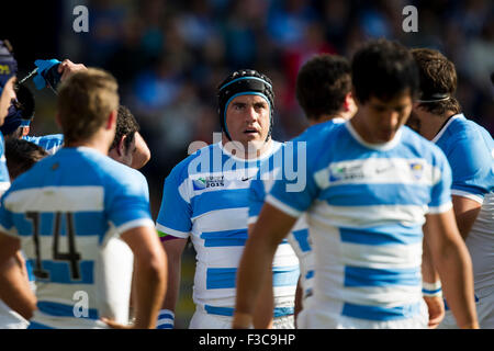 Leicester, UK. 4. Oktober 2015. Rugby World Cup. Argentinien gegen Tonga. Marcos Ayerza von Argentinien nach Tonga den ersten Versuch mit Teamkollegen abgebildet. Bildnachweis: Graham Wilson / Pipeline-Bilder/Alamy Live-Nachrichten Stockfoto