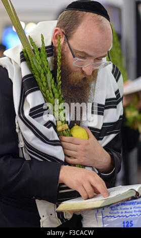 Ein religiöser Mann hält ein Esrog & Lulaw an Sukkot Morgengebet in der Synagoge in Queens, New York Stockfoto