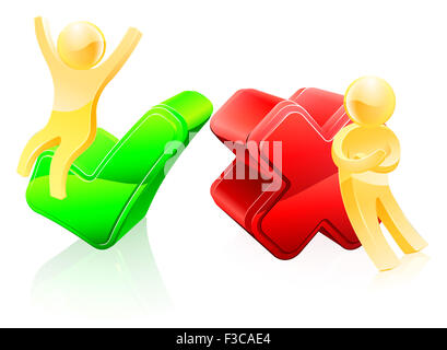 Tick und Kreuz Menschen Illustration eines Paares der Maskottchen und rotes Kreuz und Green Tick-Symbole Stockfoto