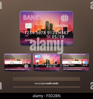 Reihe von realistisch Kreditkarten-Icons mit fiktiven Signatur, Chip und Stadtbild Design. Vektor-urban Business-Konzept Stock Vektor
