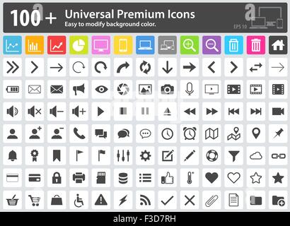 Set von 100 + Universal Premium Icons. Einfach die Hintergrundfarbe zu ändern. Media-Symbole Web Icons, Symbole, Symbol "Einstellungen", Sh Stock Vektor