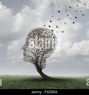 Speicherkonzept Verlust und Alzheimer Patienten surreale Symbol als ein medizinisches mental health care Konzept mit einen leeren Kopf geformt Baum und eine Gruppe von Vögel geformt wie ein Gehirn für Neurologie und Demenz oder Intelligenz zu verlieren. Stockfoto