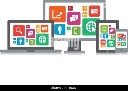 Dieses Bild ist eine Vektordatei, die eine Reihe von Medien-Technik-Geräte mit app-Symbole. Stock Vektor