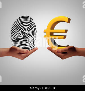 Europamarkt Informationen und persönlichen Daten Vermittlung Business Konzept Kauf und Verkauf von europäischen Informationen als eine Hand hält ein Fingerabdruck und eine andere Person mit einem Euro-Symbol als Metapher für eine Identifizierung Sicherheitszugriff. Stockfoto