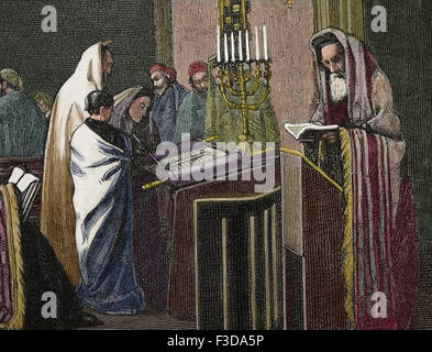 Religion. Judentum. Rabbi liest in Torah Synagoge. Kupferstich von Froment, veröffentlicht am La Illustracion, 1870, Spanien. Stockfoto