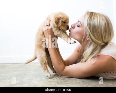 Eigentümer küssen Golden Retriever Welpen Stockfoto