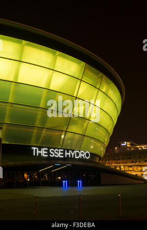 SSE Hydro Konzert Halleneingang in der Nacht, Glasgow, Schottland, UK, Stockfoto