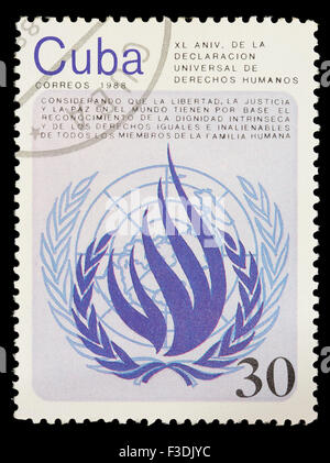 Kuba - ca. 1988: Eine Briefmarke gedruckt in Kuba zeigt das Emblem der UNESCO für Menschenrechte, ca. 1988 Stockfoto