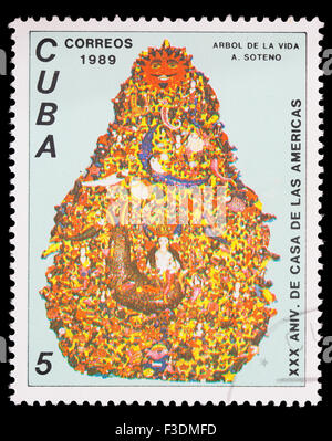 Kuba - CIRCA 1989: Eine Briefmarke gedruckt in Kuba zeigt den Baum des Lebens für den Jahrestag des House of America, circa 1989 Stockfoto