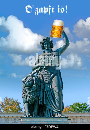 Bavaria-Statue mit einem Bierkrug, Schwurhand, O'zapft ist, einleitende Phrase des Oktoberfestes, München, Bayern, Deutschland Stockfoto